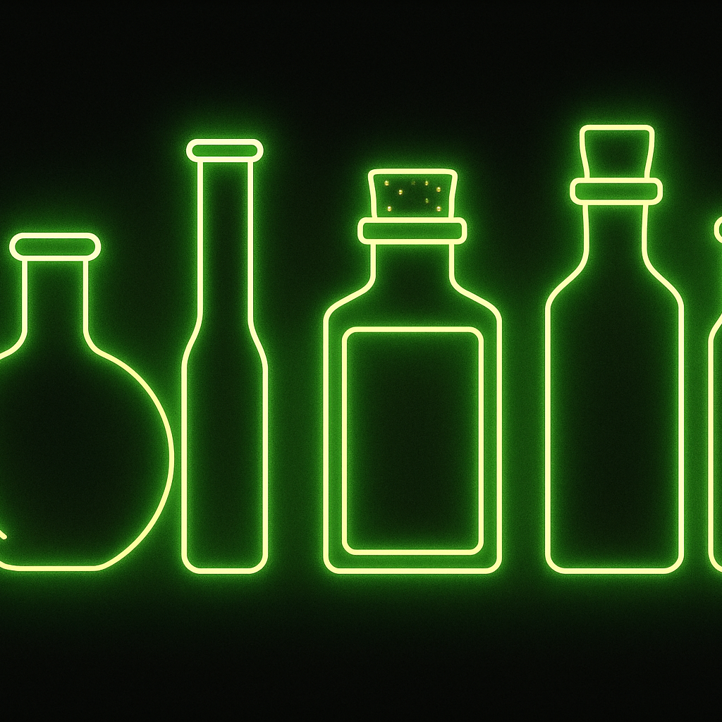 I want an outline of the bottles with a neon green light and a dark background