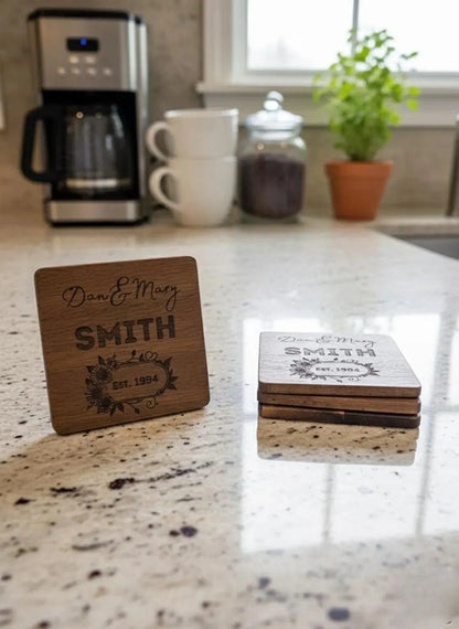 Custom Engraved Wood Coaster Set of 4 - Personalized Gift for Wedding, Anniversary or Birthdays