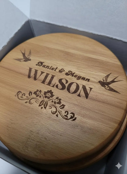 Custom Engraved Wood Coaster Set of 4 - Personalized Gift for Wedding, Anniversary or Birthdays